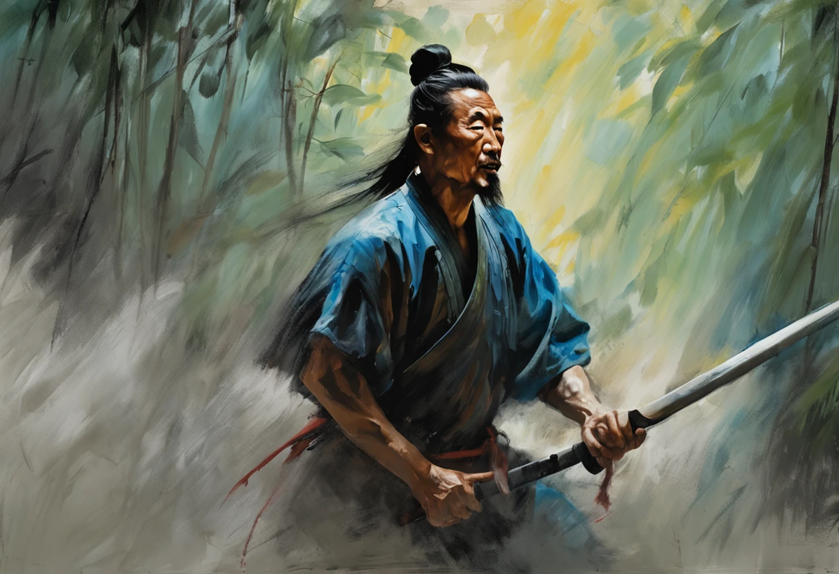 Painting Of A Man Holding A Sword In A Forest - Seaart Ai