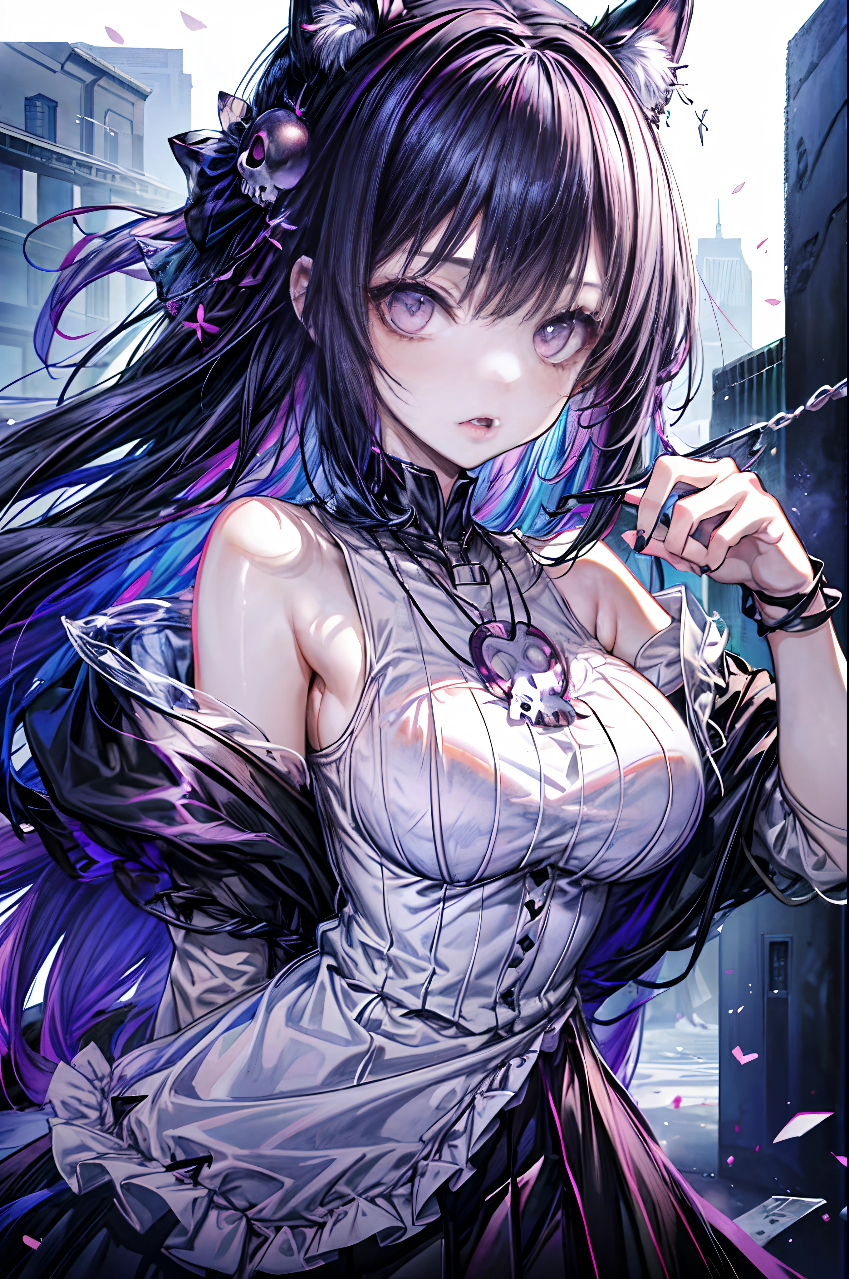 anime girl with horns and a skull necklace, a character portrait by Jin Homura, trending on pixiv, gothic art, 1 7 - year - old anime goth girl, portrait of a goth catgirl, goth girl, anime style illustration, anime girl with cat ears, neo goth, cat girl, anime style portrait, demon anime girl
