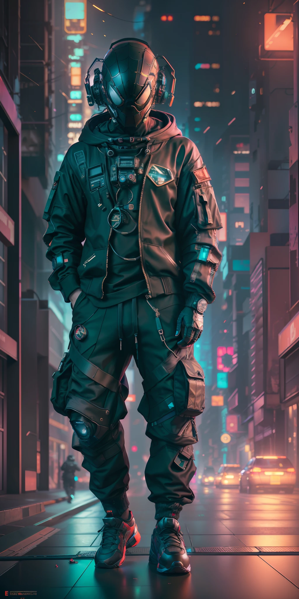 (chef-d&#39;œuvre, photo de tout le corps, complexe raw photography) Citoyen cyberpunk l’homme-araignée en costume d’astronaute, sweat à capuche noir oversize confortable, pantalon cargo noir, vêtements noirs, sombre, portant un casque noir style hitech Astronaut, complexe, Futuriste, technologie avancée, sombre environment, Spectaculaire, Lumière et ombre, cinématique, film d&#39;action, acuité, position détendue aléatoire, ville cyberpunk, lampadaires, sombre street, nuit, photo instantanée, photo de l&#39;année, rendu d&#39;octane, substance, Maya 3D,  cinéma4d, tendance de la station artistique, Tendances de l’art déviant,