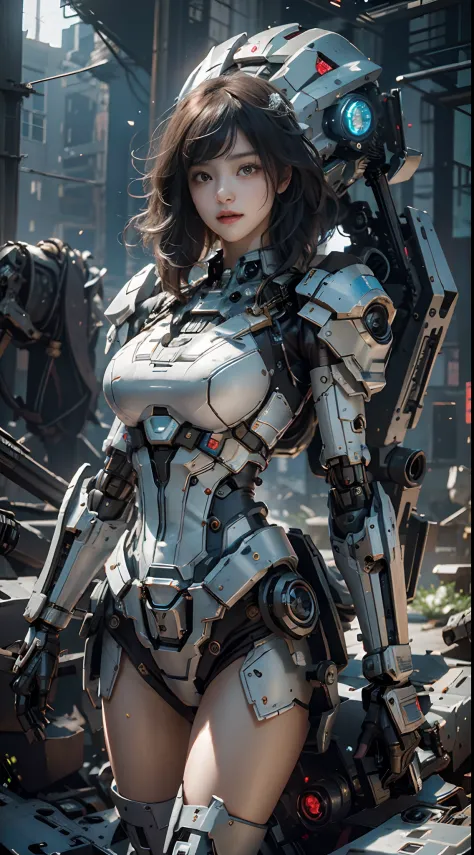 ((Best Quality)), ((Masterpiece)), (Very Detailed:1.3), 3D, Shitu-mecha, Beautiful cyberpunk woman with her pink mech in the rui...