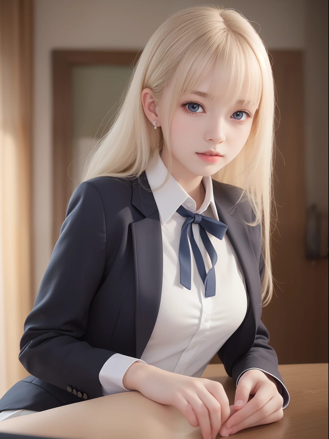 portlate、School Uniforms、bright expression、Young shiny shiny white shiny skin、Best Looks、ultimate beauty girl、Platinum blonde hair with dazzling highlights、shiny light hair,、Super long silky straight hair、Beautiful bangs that shine、Glowing crystal clear attractive blue eyes、Very beautiful nice cute 16 year old girl、Lush bust