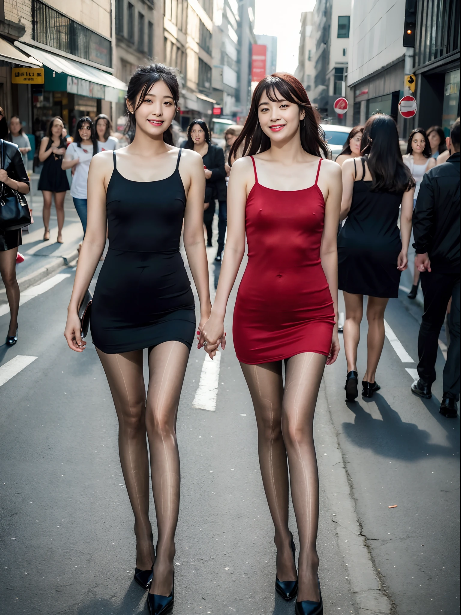 Two women in tight dresses walking down a city street - SeaArt AI