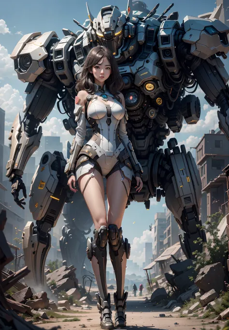 ((Best Quality)), ((Masterpiece)), (Very Detailed:1.3), 3D, Shitu-mecha, Beautiful cyberpunk woman with her pink mech in the rui...