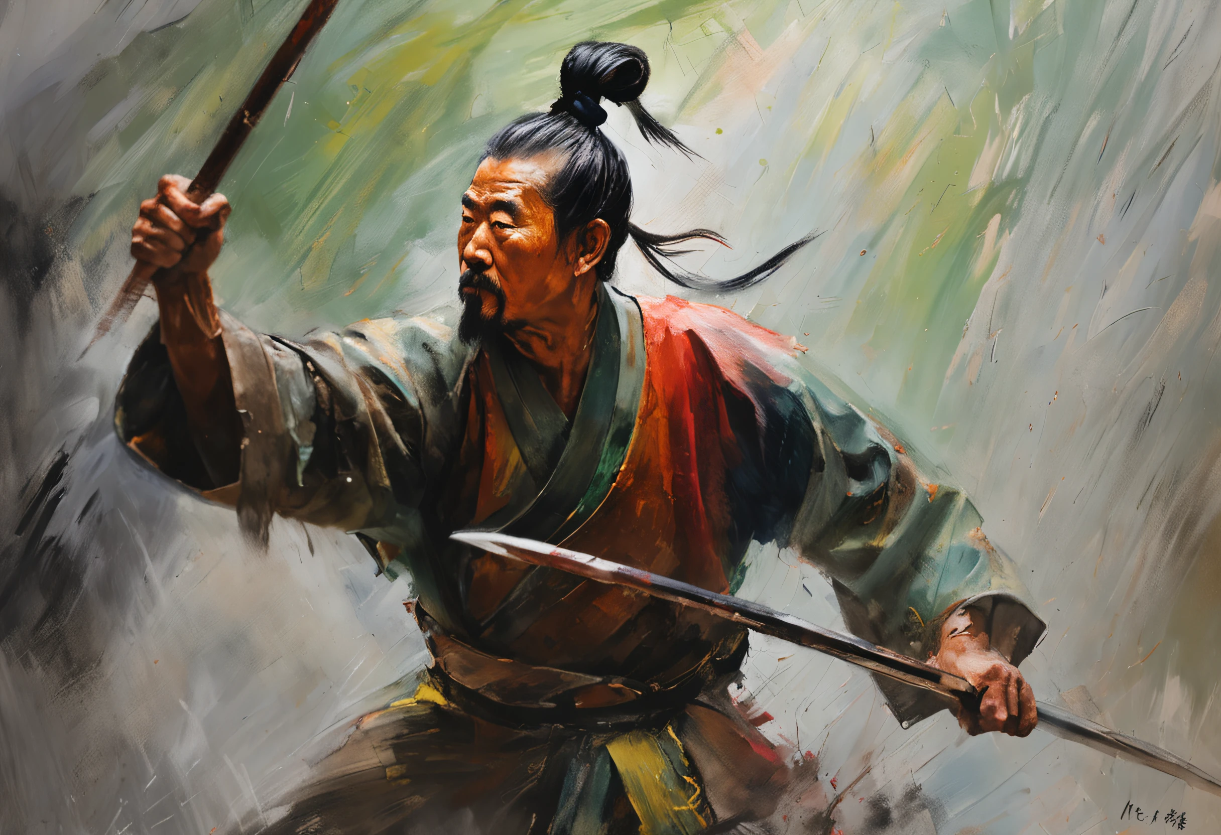 Painting of a man with a sword in a martial pose - SeaArt AI