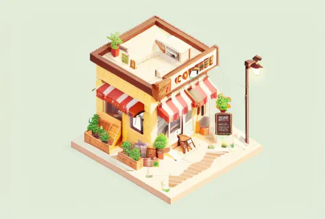 Illustration of small building in coffee shop with coffee sign and street lights, Isometric art, shaded flat illustration, isometric illustration fun, isometric illustration, 3 d isometric, prerendered isometric graphics, 3d isometric, not isometric, isome...