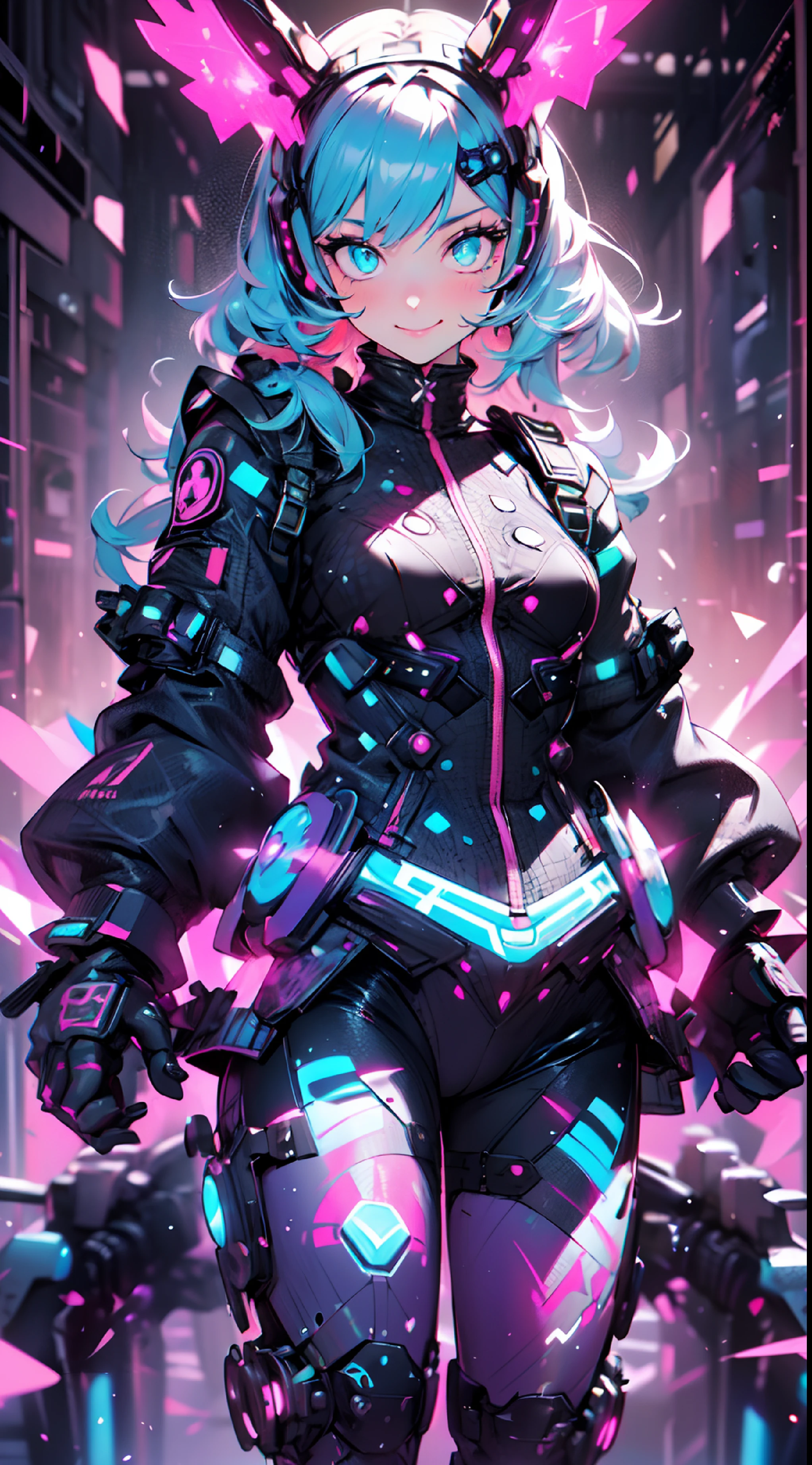 ((cyberpunked)),Optical camouflage、VR Goggles、Neon light、City of the Future、Glowing jumpsuit、(1girl in, Solo:1.6),(Cute smile),(Clothes are simple), (Best Impact:1.5), (maximalism:1.7), Vivid contrast, (Realistic), hyperrealistic illustrations, hight resolution, ultra-detailliert, absurderes,(Fractal Art:1.3)、Random hairstyle、Random hair color colorful、FULL BODYSHOT、Retro、Precise focus、randome pose、cinema4d、Drama