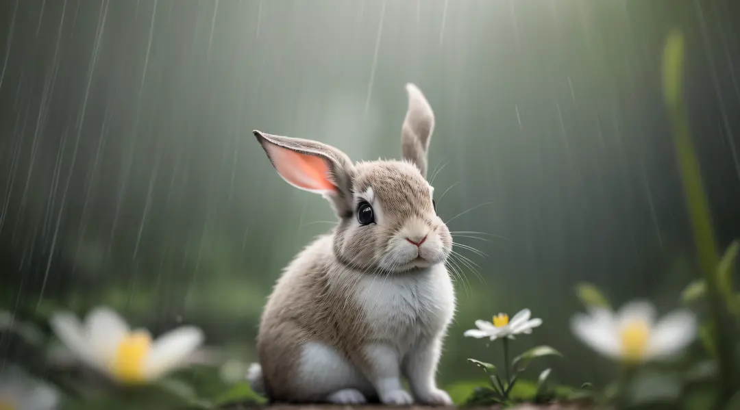 raining day，an enchanted forest，close-up photo of rabbit sitting，clean backdrop，depth of fields，largeaperture，photography of，dur...