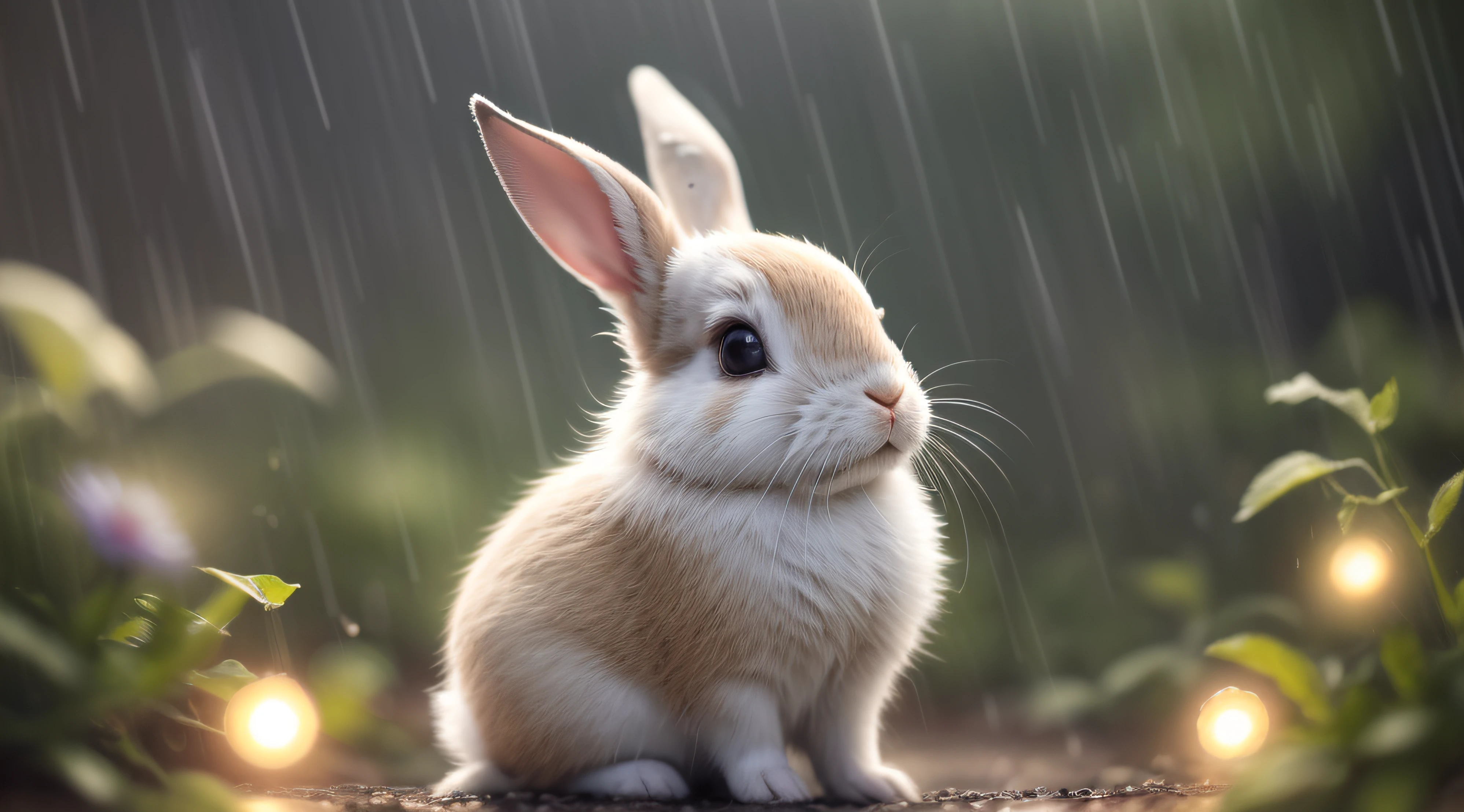 raining day，an enchanted forest，Close-up photo of rabbit sitting，clean backdrop，depth of fields，largeaperture，photography of，during night，glowworm，volume fog，Halo，blooms，Dramatic atmosphere，at centre，the rule of thirds，200mm 1.4F macro shooting