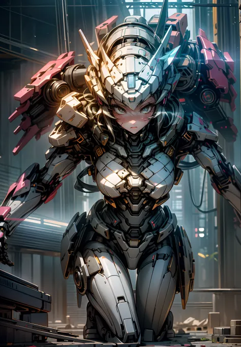 ((Best Quality)), ((Masterpiece)), (Very Detailed:1.3), 3D, Shitu-mecha, Beautiful cyberpunk woman with her pink mech in the ruins of a city in the forgotten war, Ancient technology, HDR (High Dynamic Range), ray tracing, NVIDIA RTX, super resolution, unre...