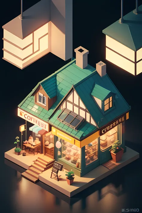 Small architectural illustration in coffee shop，There are coffee signs and street lights, Isometric art, shaded flat illustration, isometric illustration fun, isometric illustration, 3 d isometric, prerendered isometric graphics, 3d isometric, not isometri...