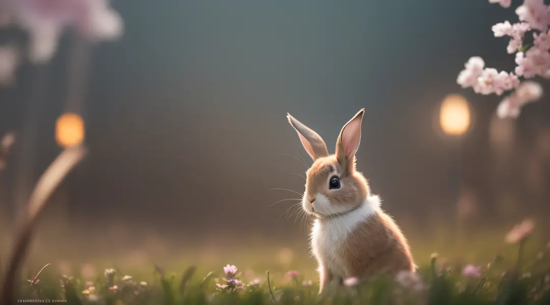 （Rained），Close up photo of rabbit in enchanted forest，clean backdrop，depth of fields，largeaperture，photography of，during night，v...