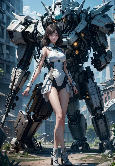 ((Best Quality)), ((Masterpiece)), (Very Detailed:1.3), 3D, Shitu-mecha, Beautiful cyberpunk woman with her pink mech in the rui...