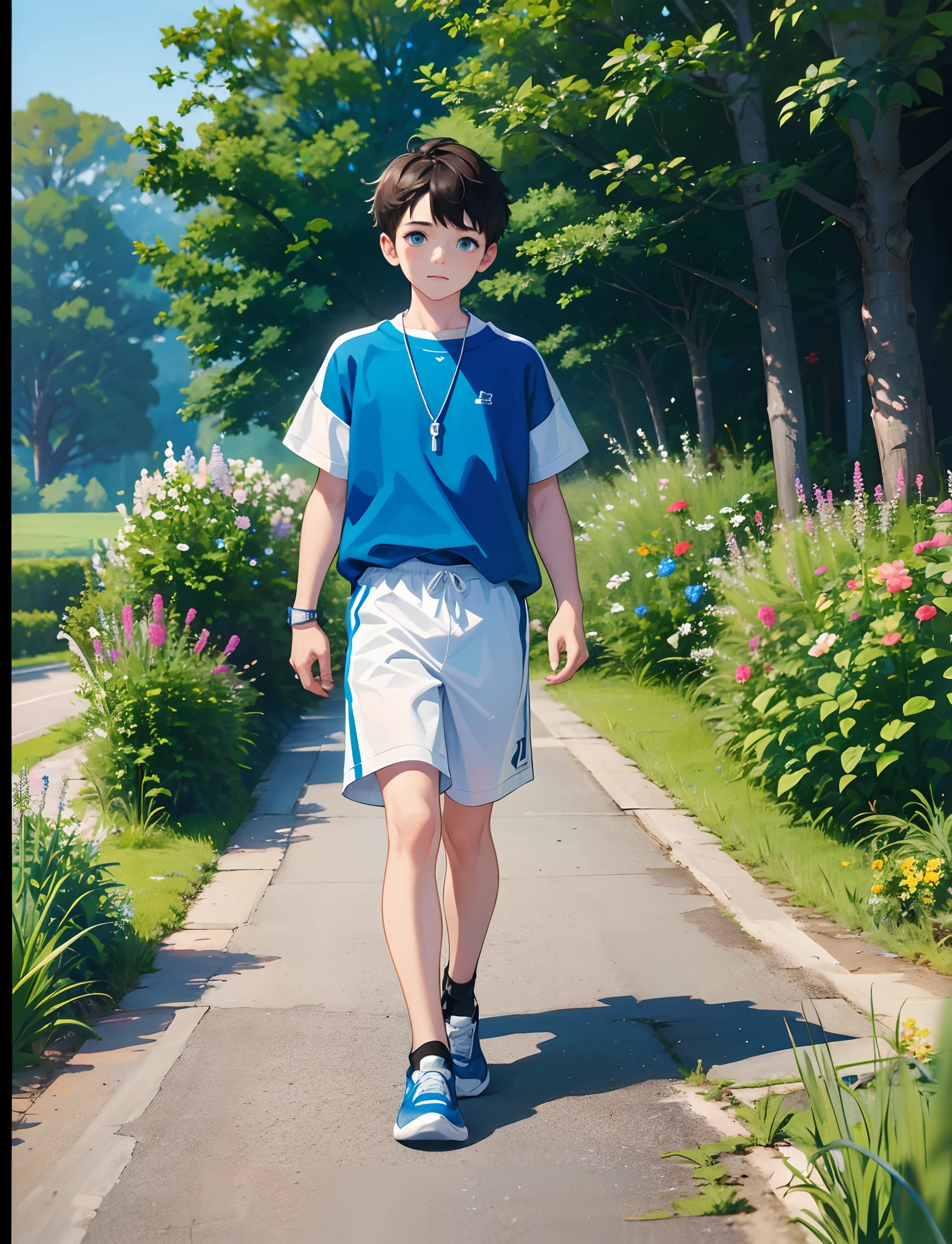 一個小男孩與，穿運動服，穿運動鞋，藍色眼睛，帶著項鍊，推著自行車，走在鄉間小路上，路邊有花草，直視鏡頭，全身照片，超高清