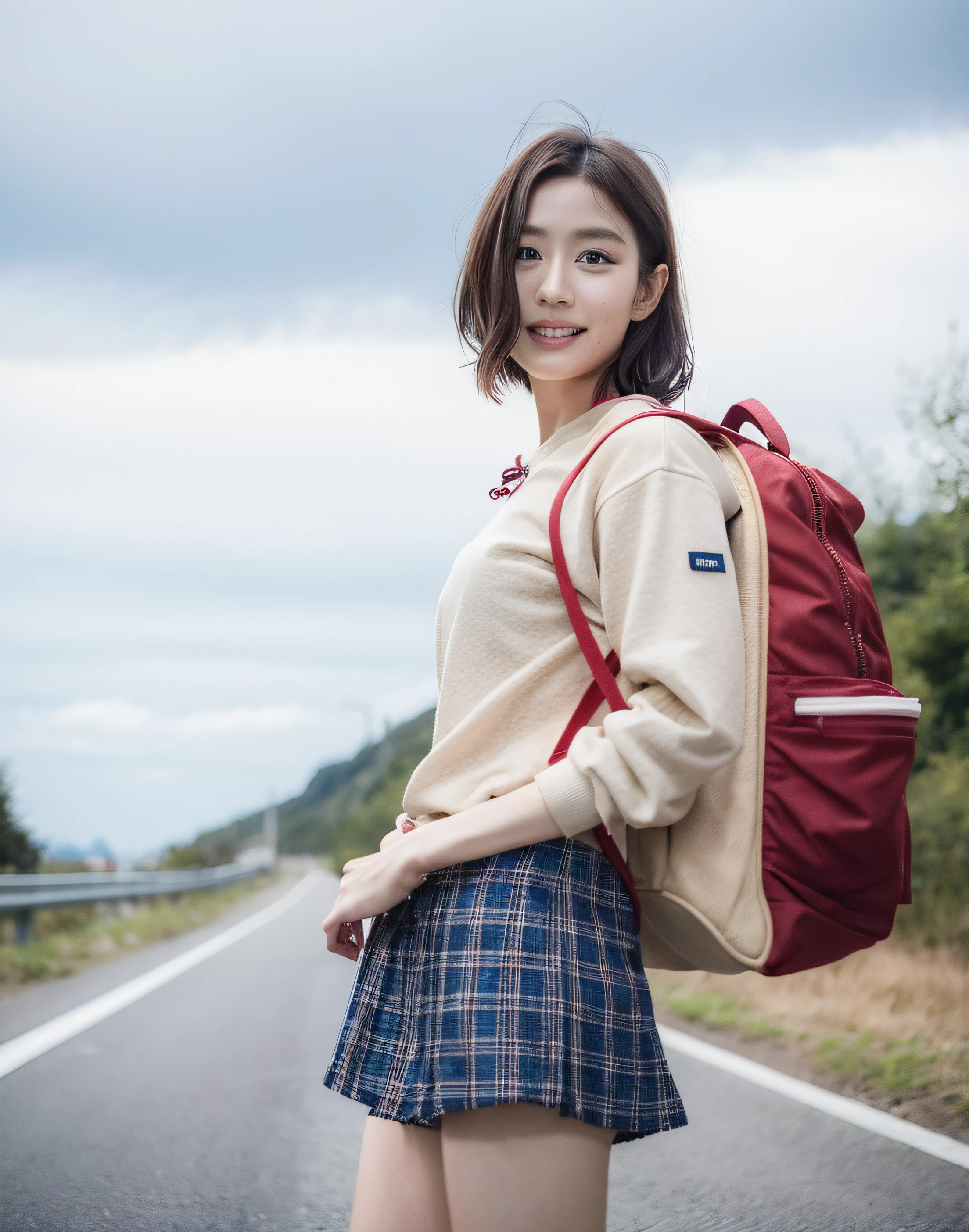 There is a woman standing on the road with a backpack, wearing dirty travelling clothes, Young skinny gravure idol, Young Pretty Gravure Idol, Realistic Young Gravure Idol, Yasumoto Oka, Young Sensual Gravure Idol, 奈良美智, Young Gravure Idol, Japanese Models, deayami kojima