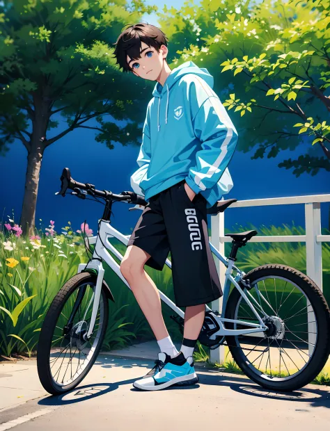 A young boy with，Wear sportswear，Wear sneakers，blue color eyes，bikes，On a country road，There are flowers and plants by the road，...
