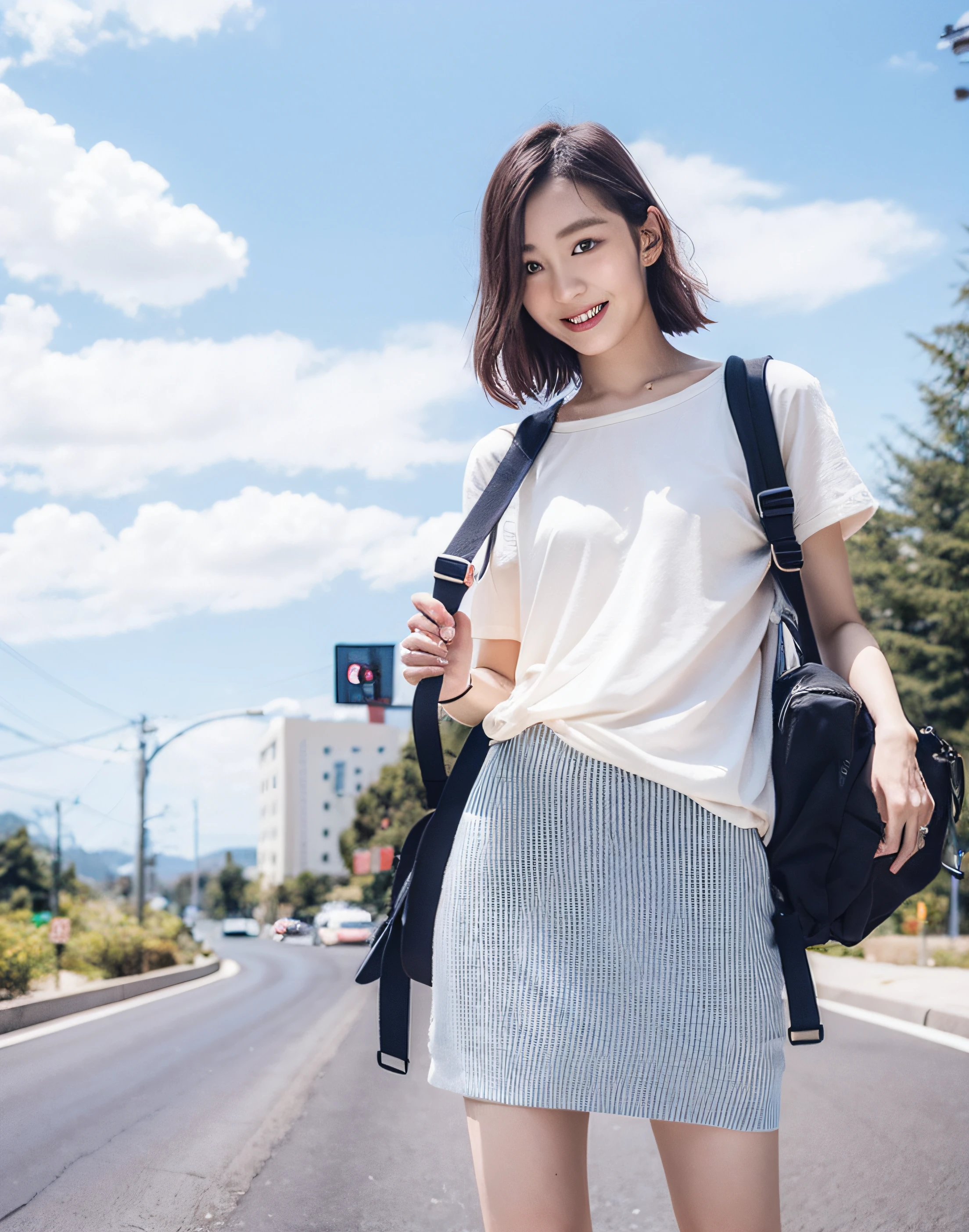 Il y a une femme debout sur la route avec un sac à dos, porter des vêtements de voyage sales, Jeune idole maigre de gravure, Jeune jolie idole de gravure, Realistic jeune idole de l&#39;héliogravure, yasumotooka, Jeune idole de gravure sensuelle, Yoshitomo Nara, jeune idole de l&#39;héliogravure, Modèles japonais, diable à qui