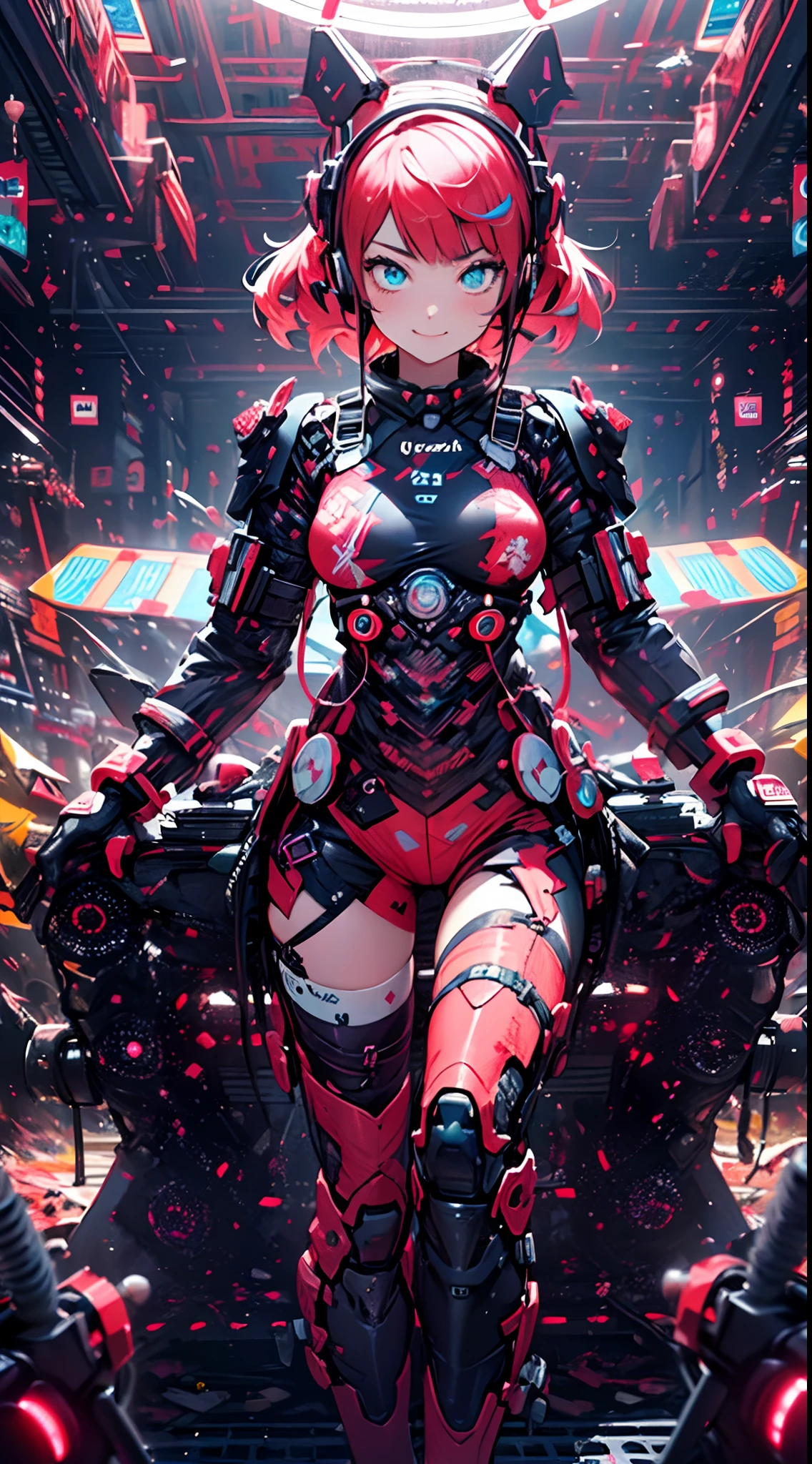 ((cyberpunked)),Optical camouflage、headset on head、Neon light、City of the Future、Glowing jumpsuit、(1girl in, Solo:1.6),(Cute smile),(Clothes are simple), (Best Impact:1.5), (maximalism:1.7), Vivid contrast, (Realistic), hyperrealistic illustrations, hight resolution, ultra-detailliert, absurderes,(Fractal Art:1.3)、Random hairstyle、Random hair color colorful、FULL BODYSHOT、Retro、Precise focus、randome pose、cinema4d、Drama