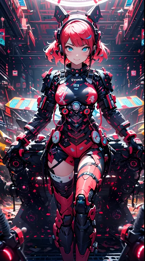 ((cyberpunked)),Optical camouflage、headset on head、Neon light、City of the Future、Glowing jumpsuit、(1girl in, Solo:1.6),(Cute smi...
