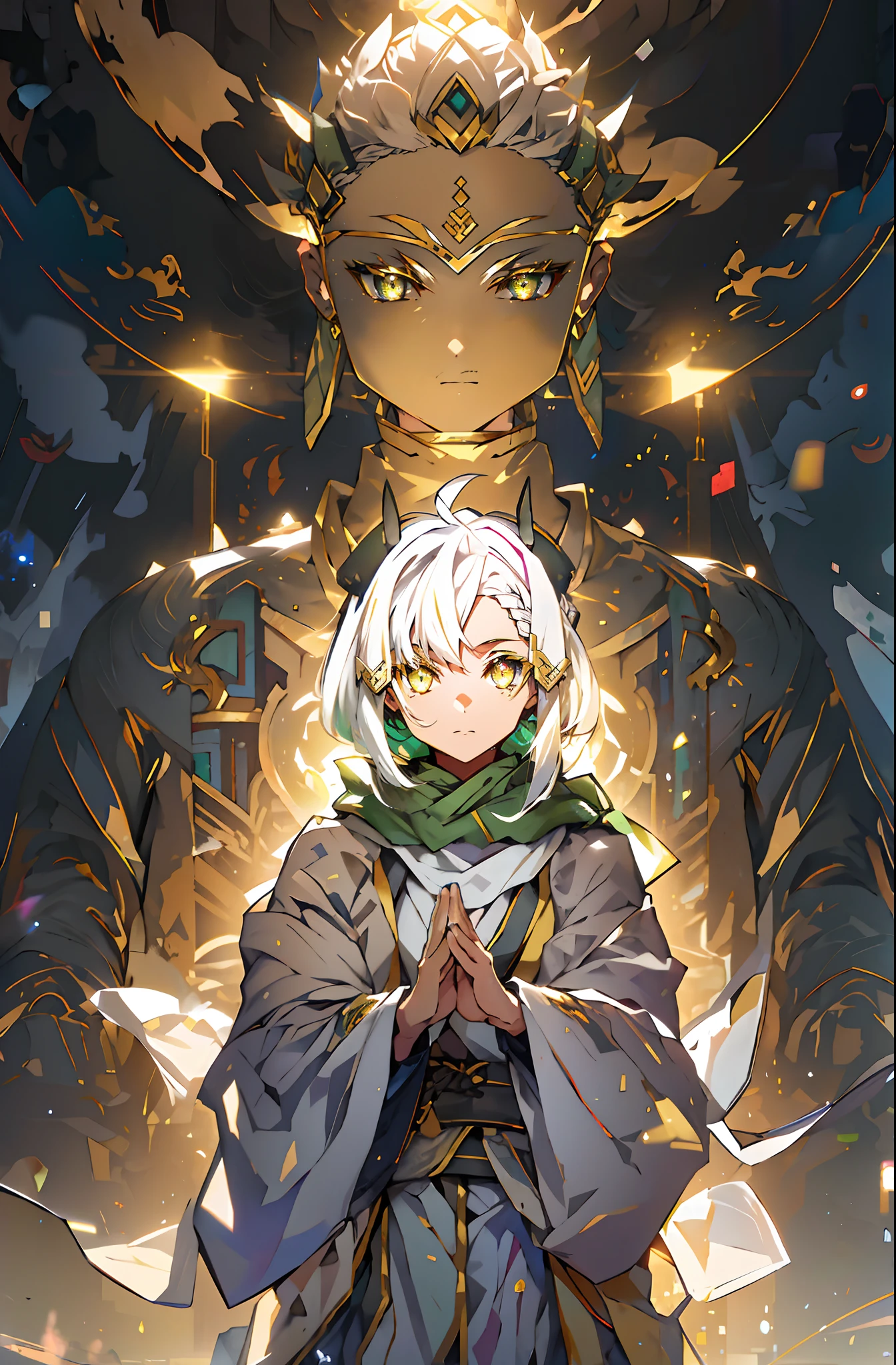 (Masterpiece:1.2),Best quality,Pisif,Taoist,(Meditation:1.1),Solo,((Horns)),((green scarf)),((White hair)),Short hair,ahoge,(french braid),Green hairpins,(((Golden eyes)))