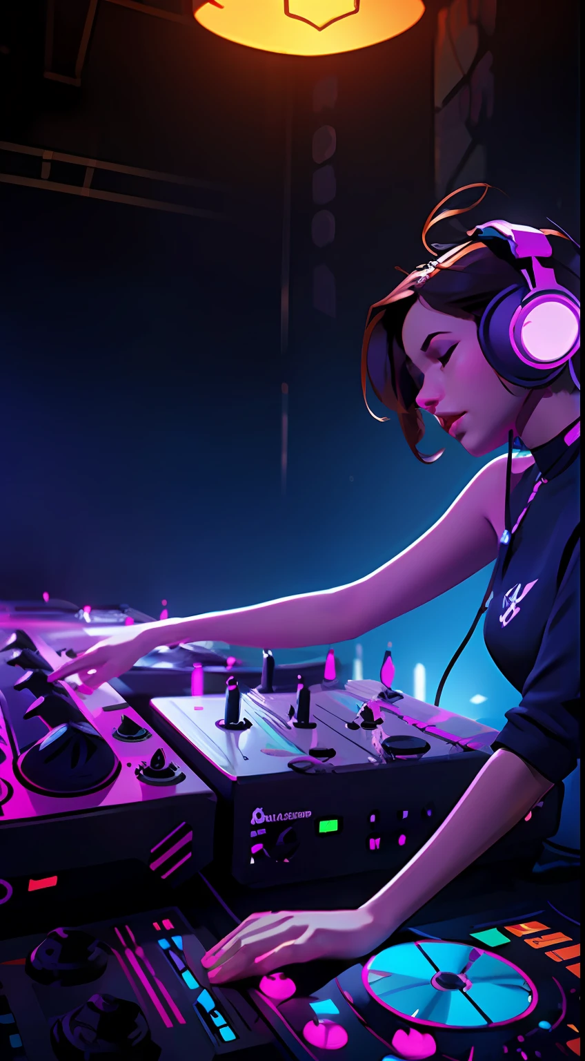 master part, WLOP, Detalhe complexo, 1 girl, DJ Feminino, DJ, Headphone, sintetizador, Dentro de um clube, luz da discoteca, candeeiro de discoteca