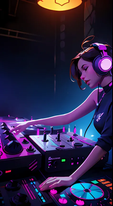 master part, WLOP, Detalhe complexo, 1 girl, DJ Feminino, DJ, Headphone, sintetizador, Dentro de um clube, luz da discoteca, can...