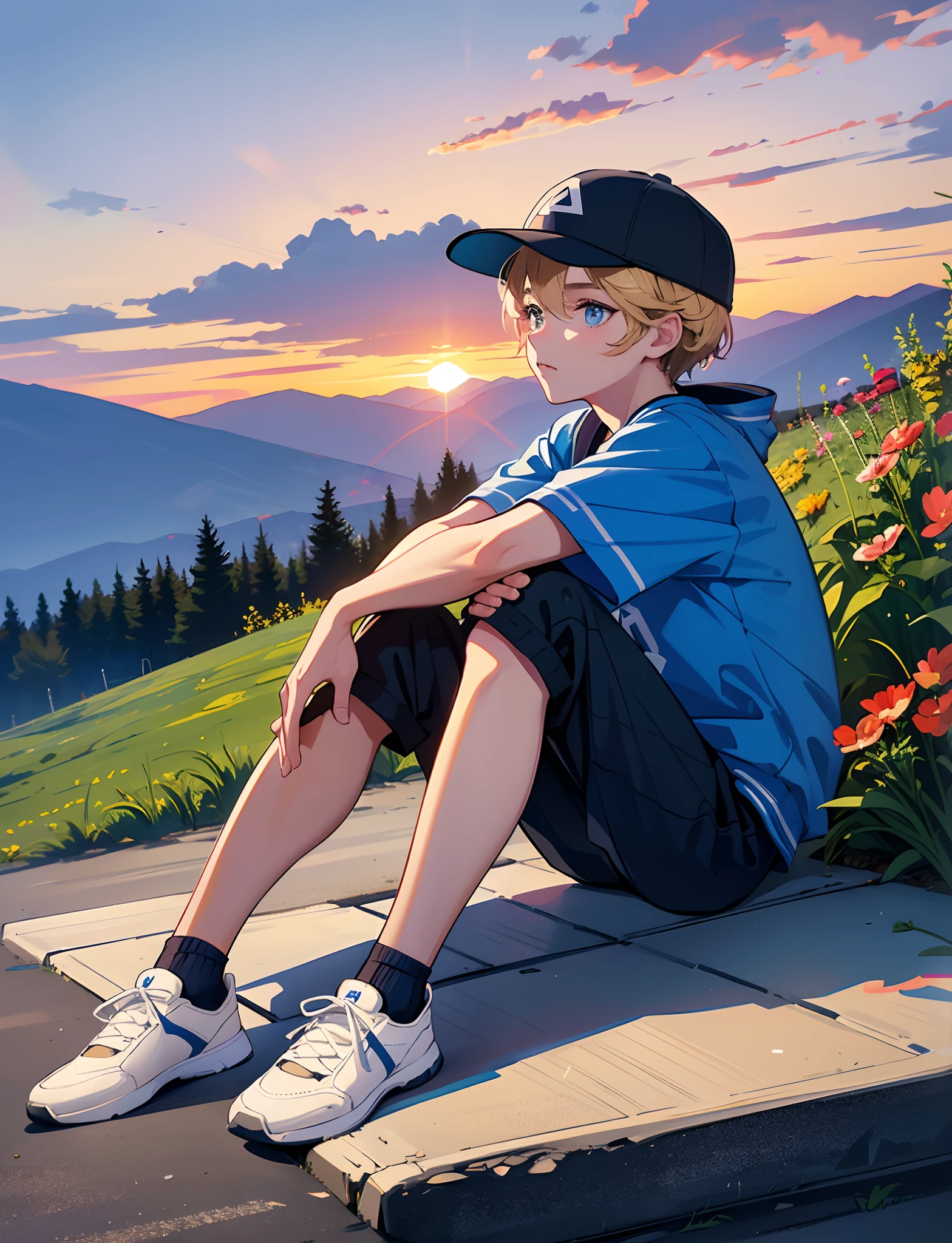 少年は，スポーツウェアを着る，野球帽付き，スニーカーを履く，青い色の目，田舎道に座って，道端には花や植物が咲いている，夕焼けと夕焼け，空の雲を眺める，カメラから顔を背ける，全身写真，超高解像度