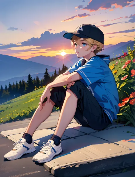 A young boy with，Wear sportswear，With a baseball cap，Wear sneakers，blue color eyes，Sitting on a country road，There are flowers a...