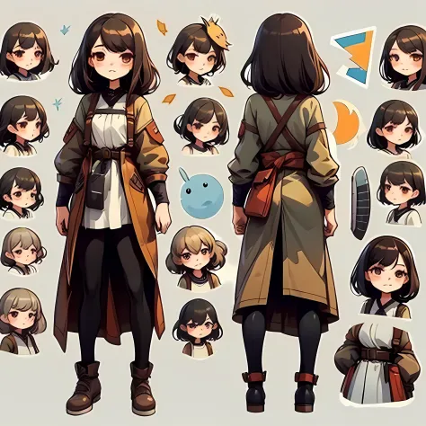 Character design sheet, full body, same character, front, side, back), illustration, 1 girl with down syndrome, dark brown hair color, bangs, fax hairstyle, light brown eyes, change of environment, white background