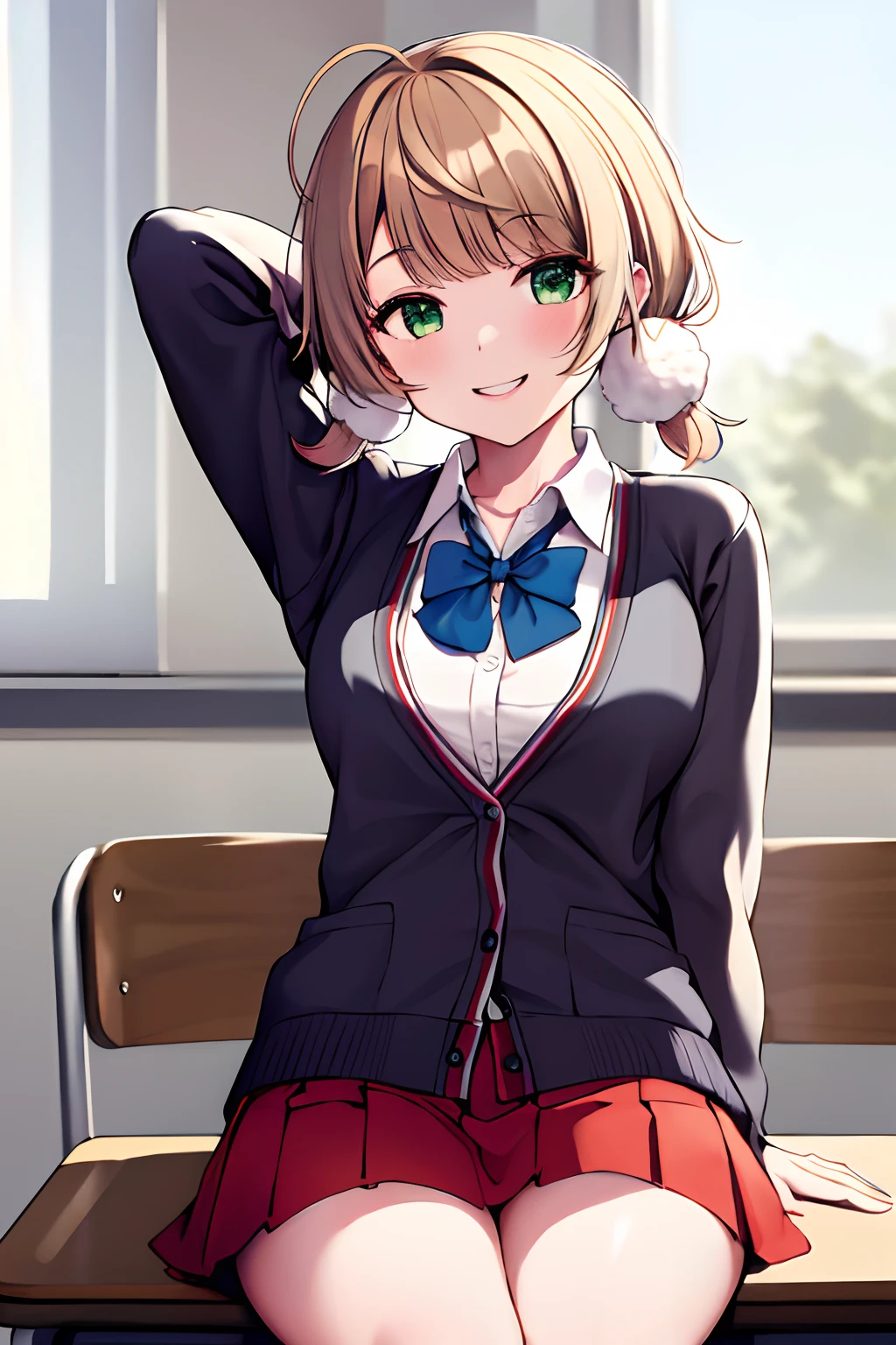 masterpiece, best quality, highres, ui2, 1girl, solo, green eyes, solo, red skirt, white shirt, low twintails, pom pom \(clothes\), collared shirt, blue bow, pleated skirt, school uniform, long sleeves, cardigan cowboy shot, sitting, classroom, desk, hand on table, smile, prenting armpit, arm up