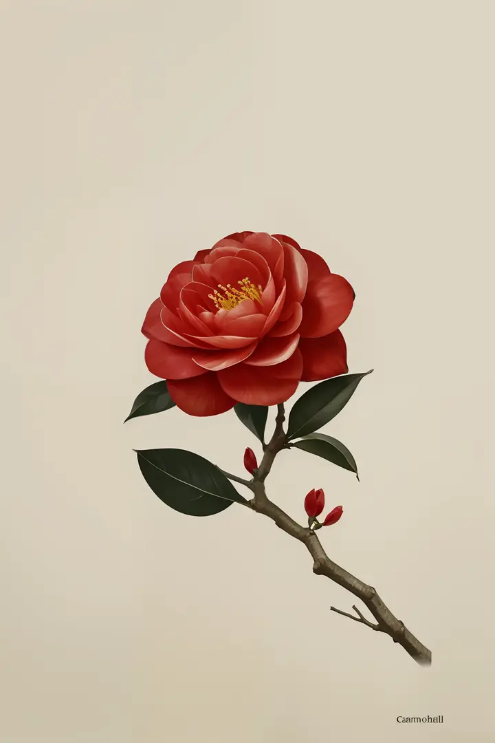 Camellias bloom on knotty branches，greybackground，simple backgound，in the style of light orange and light beige，minimalist image...