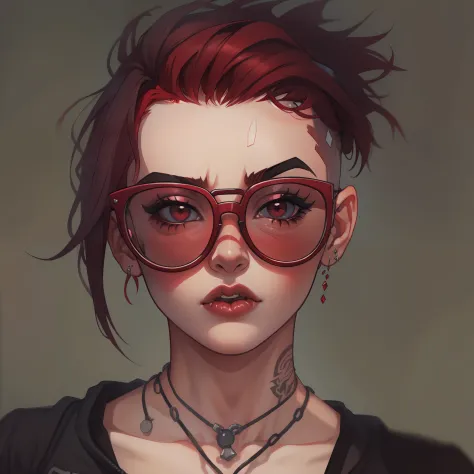 female with short shaved dark red hair, wearing glasses, villain, wearing casual punk clothing, has lower lip stud piercings