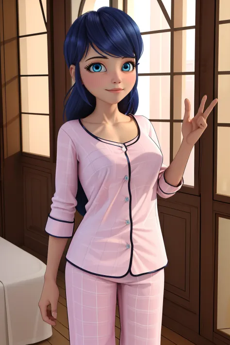(8k, RAW photo, best quality, masterpiece:1.2), (intricate details), perfect eyes, perfect face, perfect lighting, beautiful, (masterpiece:1.2), (best quality:1.2), 1girl, solo, marinette, blue hair, ((long hair down)), adult torso, 17 years old, slight sm...