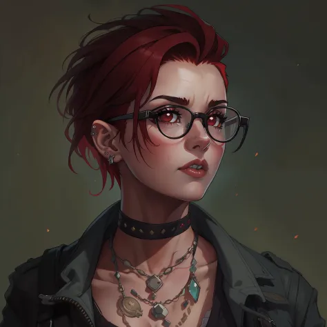 female with short shaved dark red hair, wearing glasses, villain, wearing casual punk clothing, has lower lip stud piercings