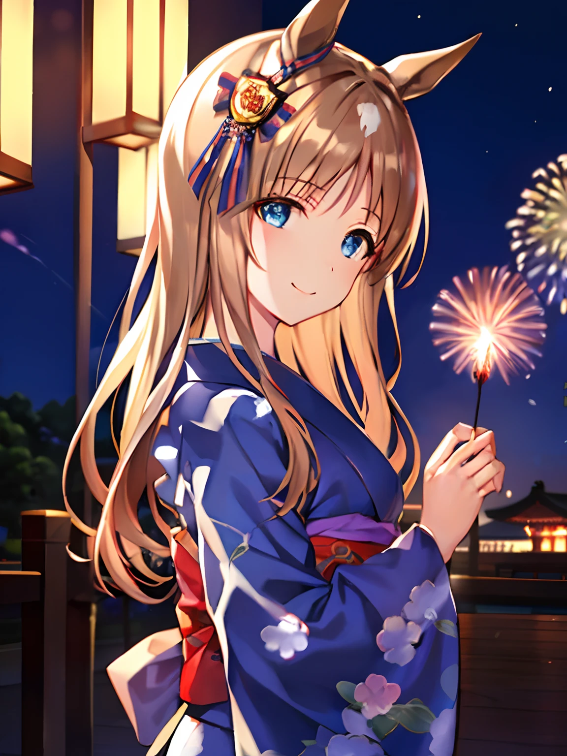 ilustração, corpo todo, melhor iluminação, qualidade máxima; iluminação escura, ângulo da frente; Festival de Verão Japonês, belos fogos de artifício; Sorriso fofo, kimono costume, ligeiramente pequeno , maravilha da grama \(umamusume\), olhos azuis