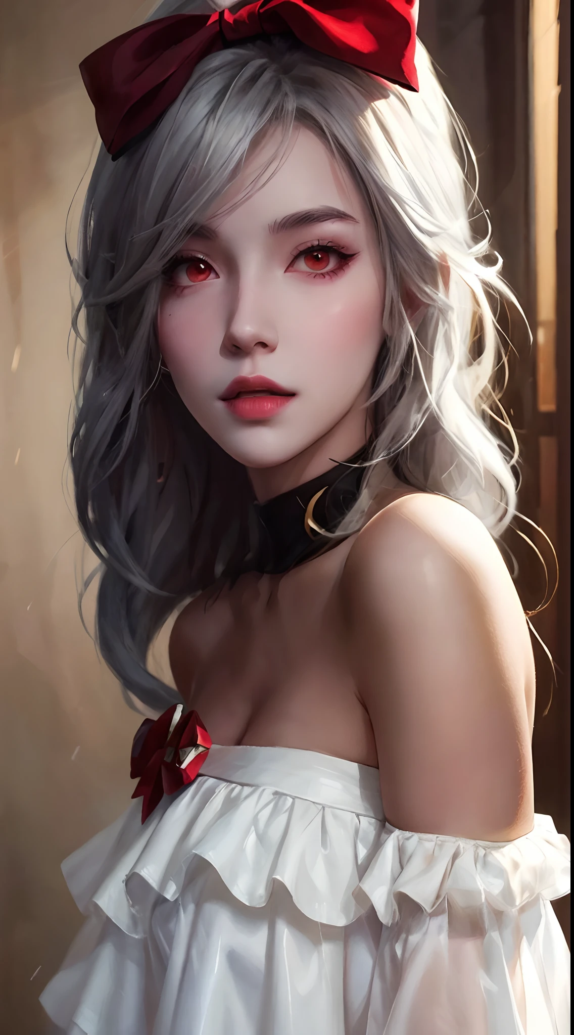 Hay una mujer con un lazo rojo en la cabeza, ig model, ((piel blanca y suave: 1.8)), artegerm, obra de arte al estilo de guweiz, fanart mejor estación de arte, hermosa obra de arte digital, style artegerm, deviantart estación de arte cgscosiety, perfect pelo blanco girl, preciosa pintura digital, rossdraws pintura digital, impresionante ilustración digital, pelo blanco, hermosa pintura de personajes