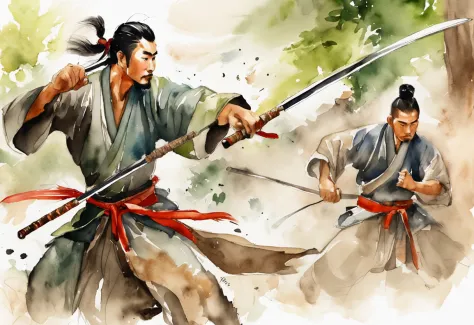 an extreme closeup shot：Young male warriors of the Song Dynasty，Hair soars，Wielding a long sharp knife，The eyes are cold。Fighting posture，Motion blur，perfect hand，Bamboo forest in the wind，lightand shade contrast，top views，Focus on people。Depth of field 1....
