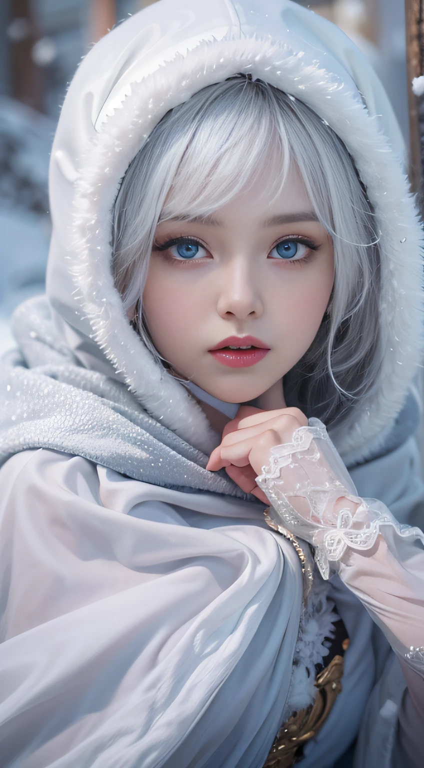 Photorealistic, high resolution, 1 Women, Solo, Hips up,(Lolita costume)， Beautiful eyes, White hair, ringed eyes, (Sit，Cloak，)，snowfield，