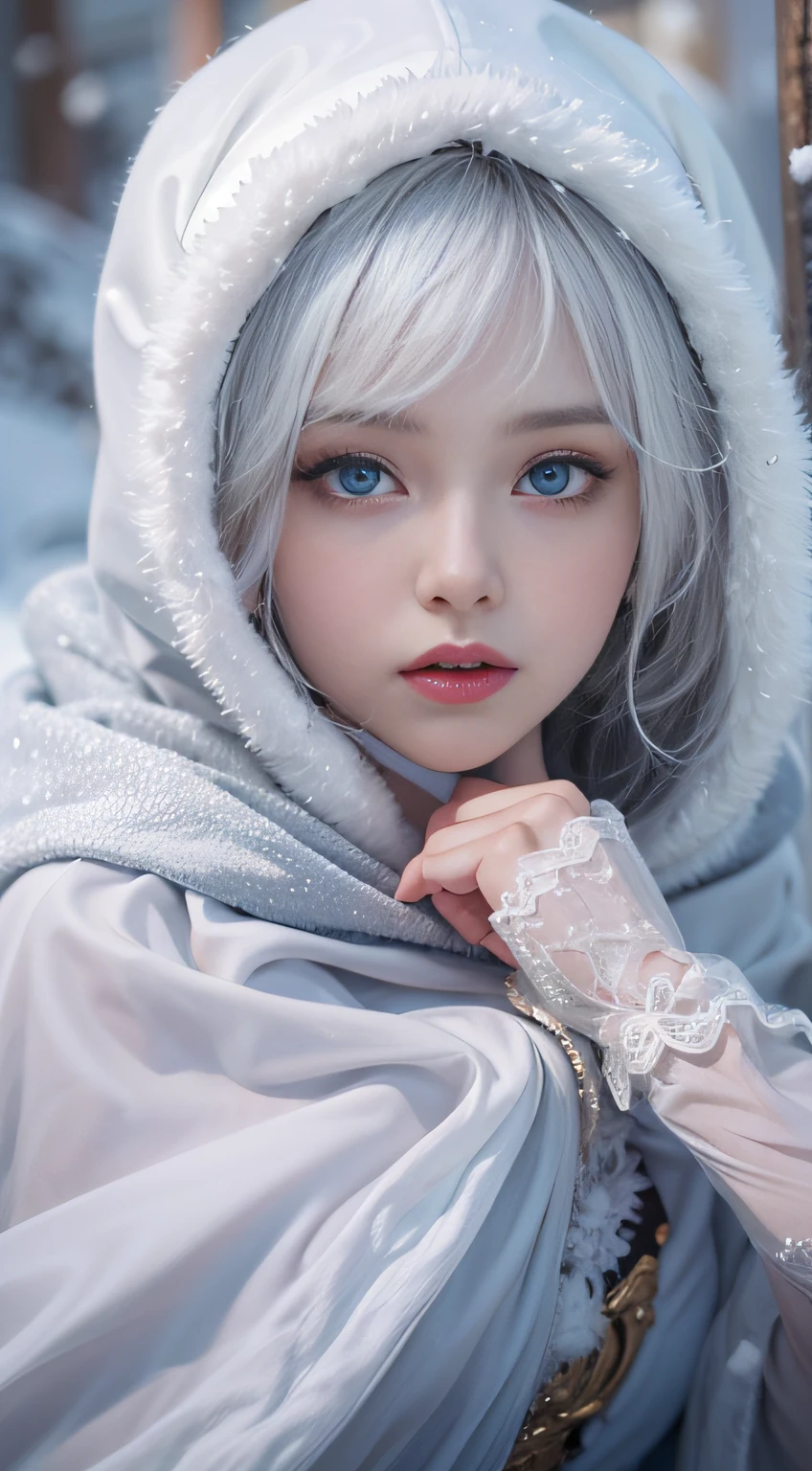 photoréaliste, Haute résolution, 1 femme, seulement, hanches levées,(Déguisement lolita)， Beaux yeux, cheveux blancs, yeux cernés, (s&#39;asseoir，manteau，)，champ de neige，