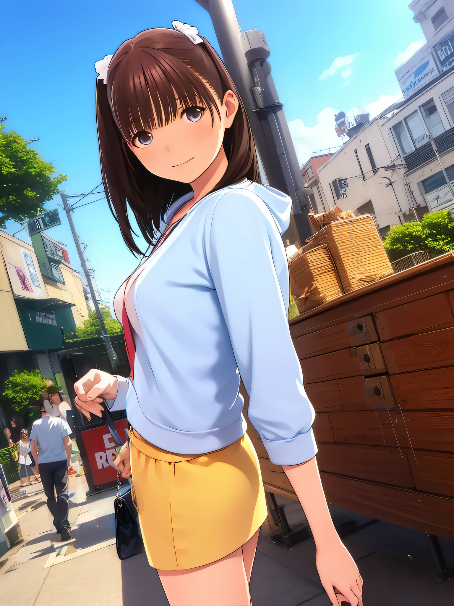 Anime girl in a short skirt and blue shirt walking down a street - SeaArt AI