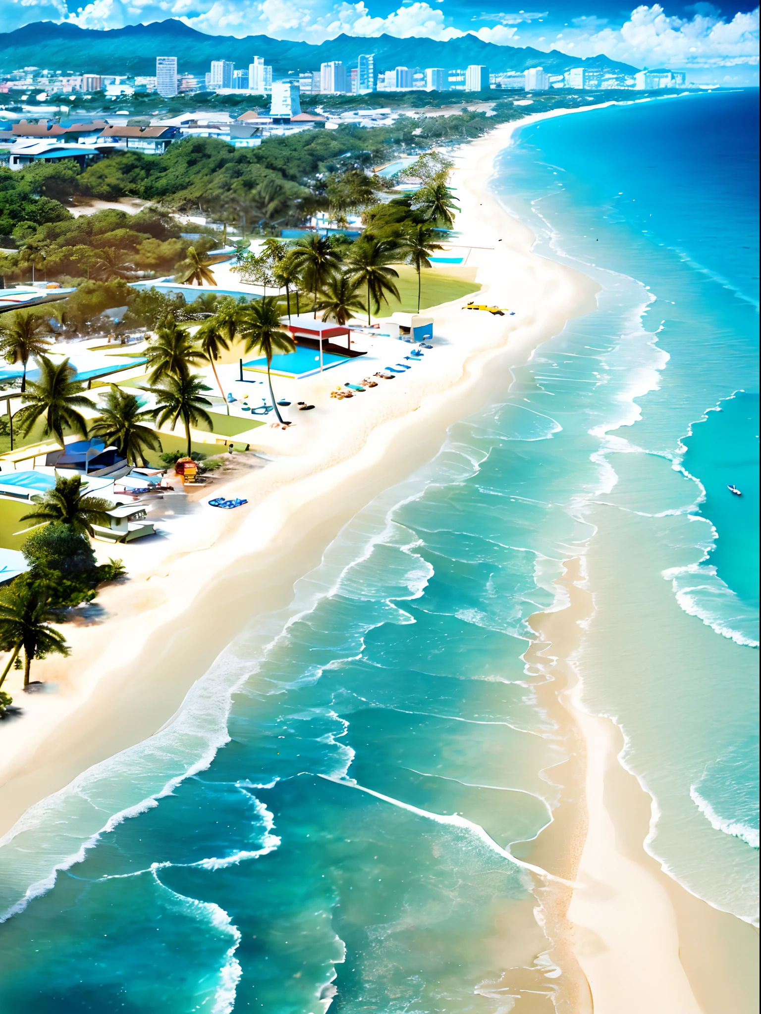 Aerial view of a beach with a pool and palm trees - SeaArt AI