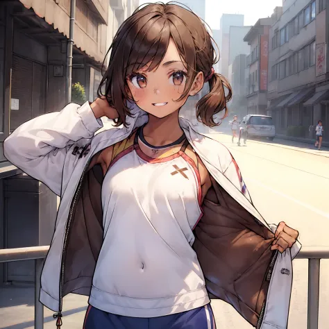 ((masterpiece)), (1 girl:2.0), (face extremely detailed, smiling), Short haircut, brown hair, petite, (thin build), Japanese girl, ((Member of track and field team, long distance runner)), slightly round face, (tanned brown face,:1.6) healthy face, big eye...