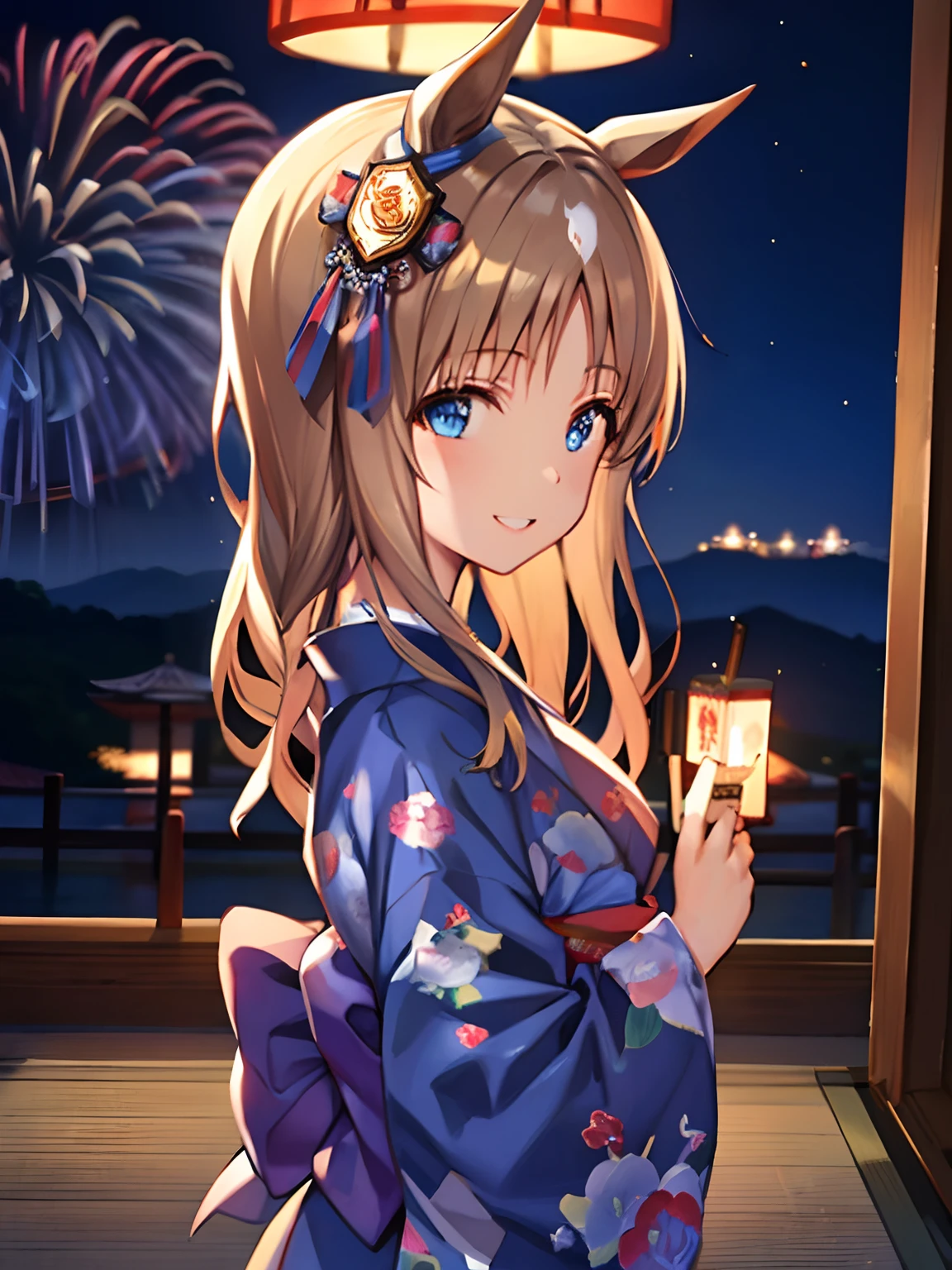 illustration, full body, better lighting, top quality; dark lighting, angle from front; Japanese summer festival, beautiful fireworks; very cute smile, kimono costume, elegant kimono, slightly small tits, Grass Wonder \(umamusume\), blue eyes