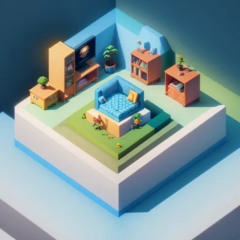 (Isometric perspective:1.5),(Pixar style:1.2), Room, bed, sofa,(small bonsai:0.8),desk lamp, TV, mural, 3D,Disney,Panoramic photo,White background, solid background,Global illumination, raytracing, modeling,HDR,octane render,unreal render,behance,dribbble,...