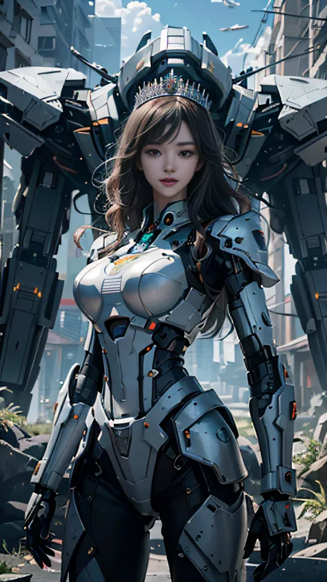 ((Best Quality)), ((Masterpiece)), (Very Detailed: 1.3), 3D, Shitu-mecha, Beautiful cyberpunk woman wearing crown with her mecha...