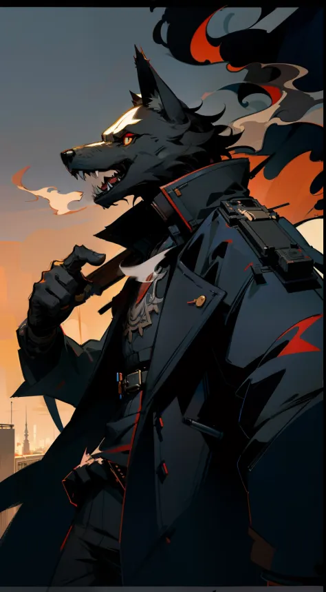 1man, masterpiece, gorgeous,strange head,wolf head, cyborg wolf, coat, 4k, streets, buildings, gun, pistol, smoke, high details,...