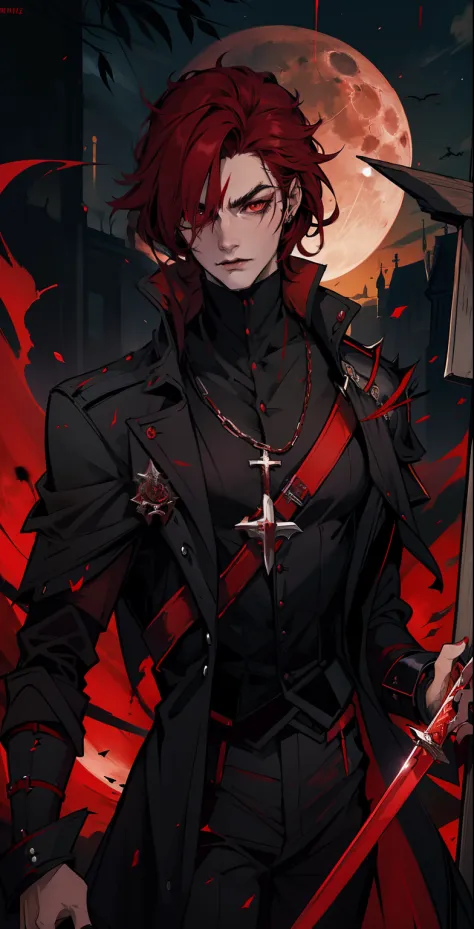 A vampire with red eyes and a black coat，Kizi，Short shoulder-length red hair，Refined face，k hd，Realiy，The great sword in my hand...