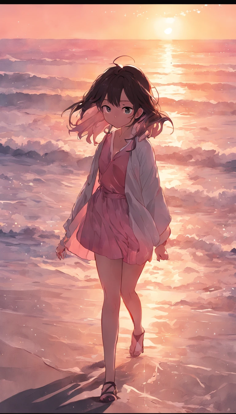 Chica anime caminando por la playa al atardecer - SeaArt AI