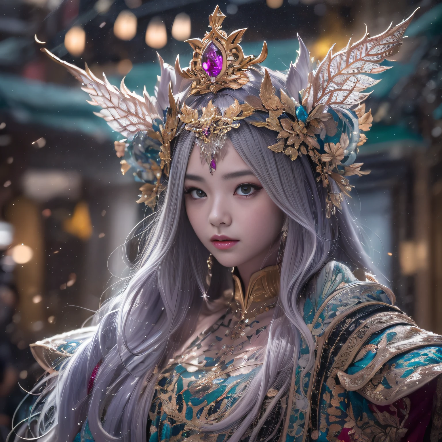 32K（tmasterpiece，k hd，hyper HD，32K）short detailed hair，Gold jewelry area in the back room，Flame Girl ，Yao Lang protector （realisticlying：1.4），Python pattern robe，Purple-pink tiara，Snowflakes fluttering，The background is pure，Hold your head high，Be proud，The nostrils look at people， A high resolution， the detail， RAW photogr， Sharp Re， Nikon D850 Film Stock Photo by Jefferies Lee 4 Kodak Portra 400 Camera F1.6 shots, Rich colors, ultra-realistic vivid textures, Dramatic lighting, Unreal Engine Art Station Trend, cinestir 800，Hold your head high，Be proud，The nostrils look at people