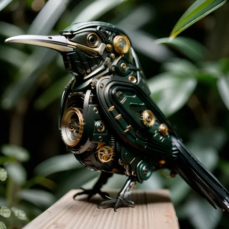 ((masterpiece)), ((best quality)), 8k, high detailed, ultra-detailed, A (black:1.3) mechanical bird, jungle
