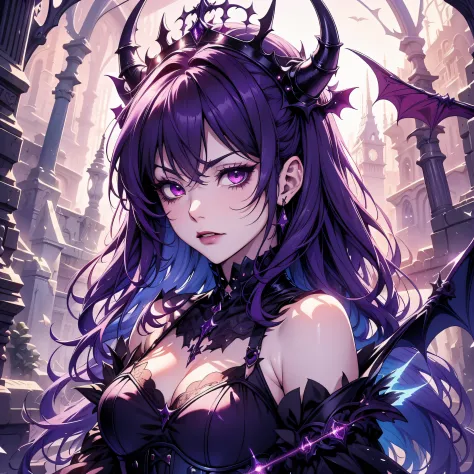 A young and busty demon princess, with glowing purple eyes and dark purple beautiful hair. Her crown fuses with her horns, givin...